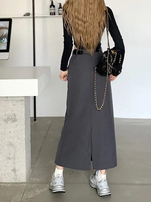 Casual Full Length Side Pocket Loose Skirts With Belt